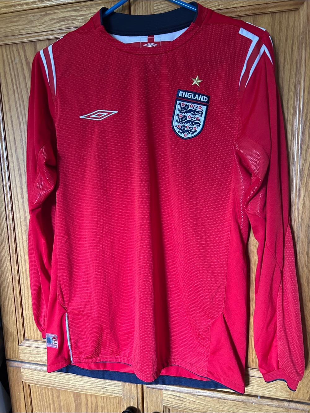 Vintage Umbro England Long-Sleeve Football Jersey - Red with White Trim
